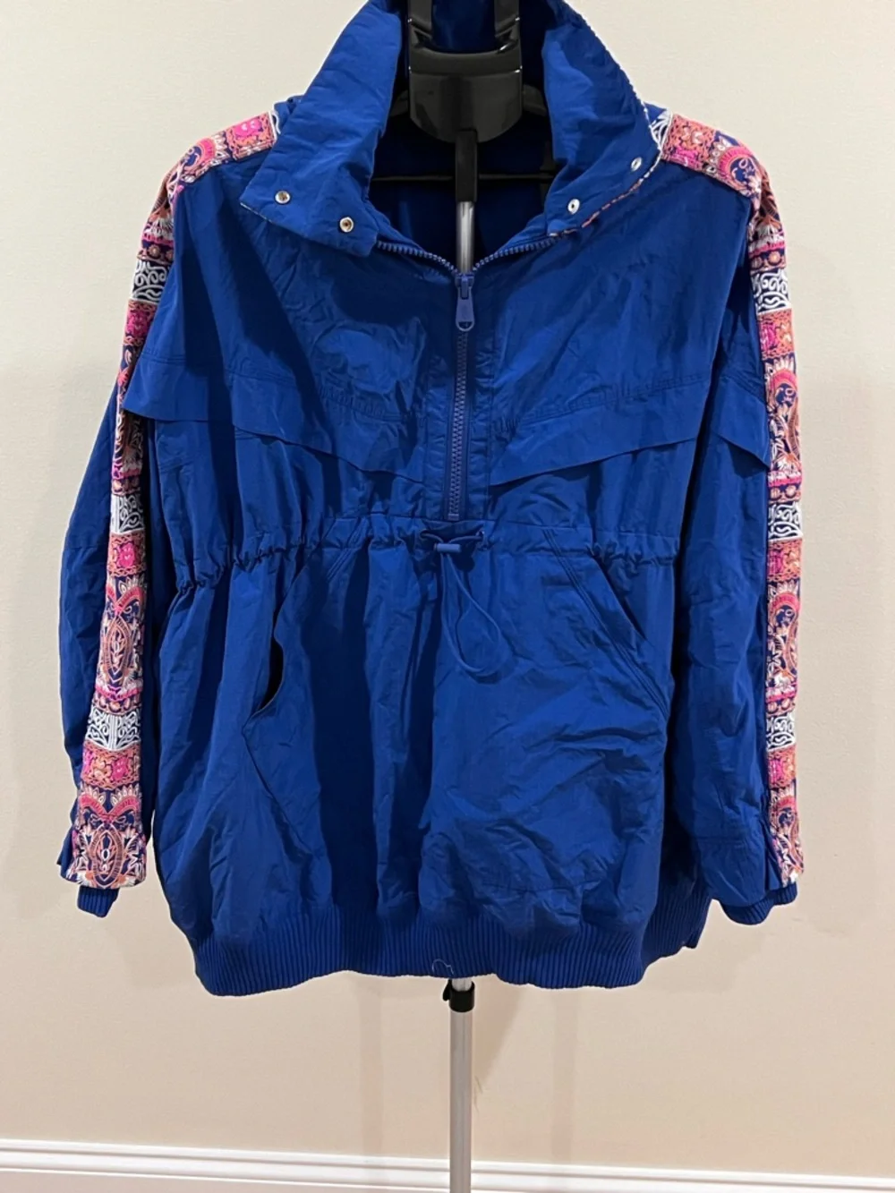 Free People She Fly Bright Blue Hooded Windbreaker with Pink Paisley Trim - Picture 4 of 4